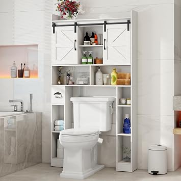 Vabches Farmhouse Storage Cabinet Over Toilet with Sliding Doors, Home Space-Saving Toilet Rack, Over The Toilet Storage Cabinet, Open Storage Shelf, for Bathroom, Laundry, Restroom.White