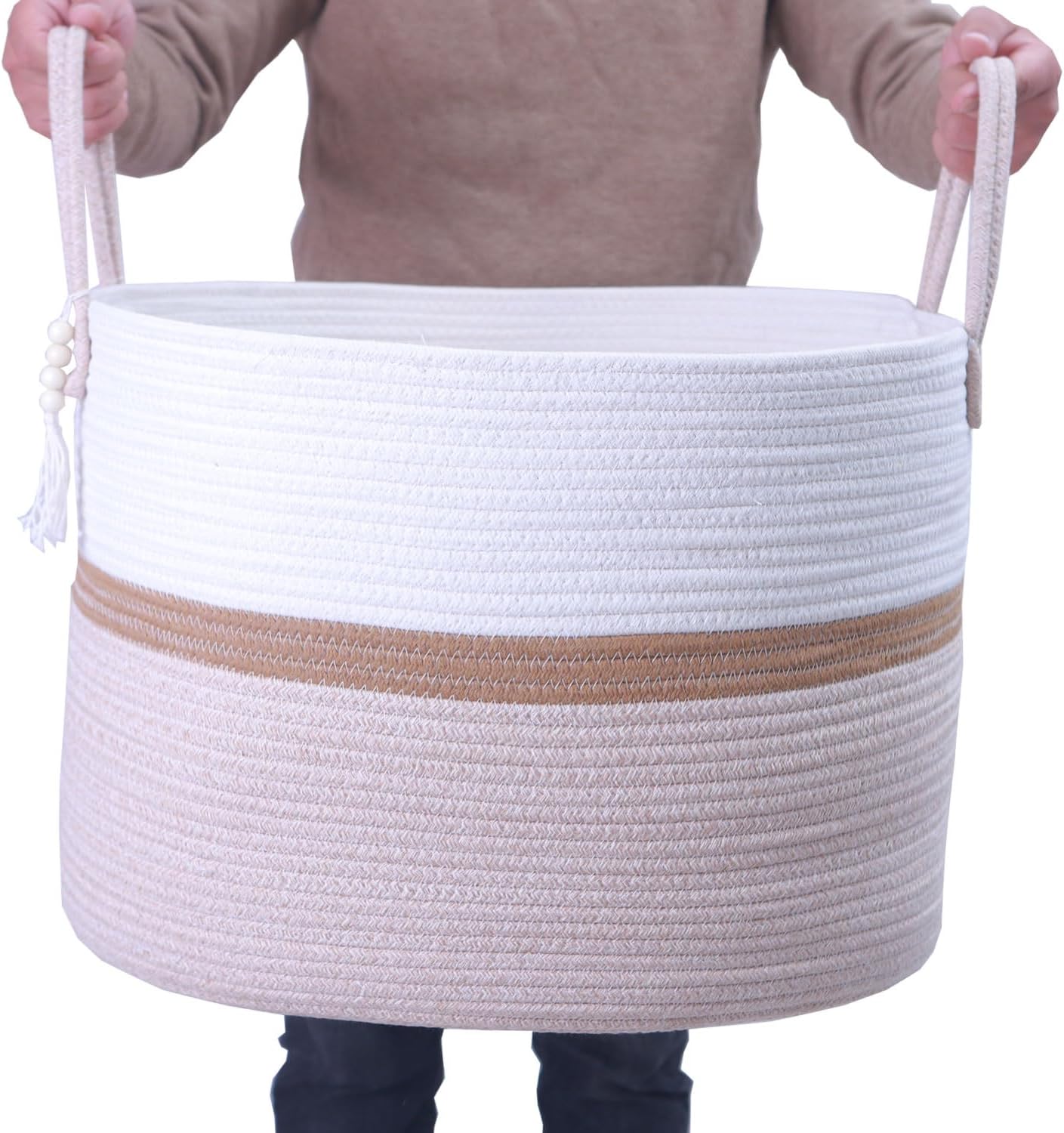 Woven Storage Basket with Handle,Nursery Hamper in Baby Nursery&Bathroom, Living Room for Toys, Clothes and Blanket (Brown, 100L)