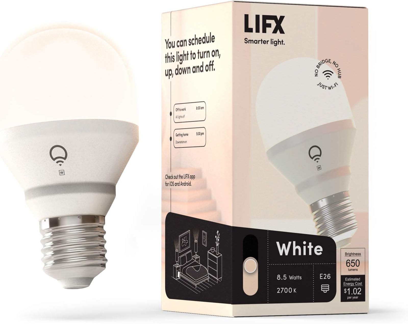 LIFX L3A19LW06E26CA White, A19 Wi-Fi Smart LED Light Bulb, Warm, Dimmable, No Bridge Required, Works with Amazon Alexa, Hey Google, Apple HomeKit
