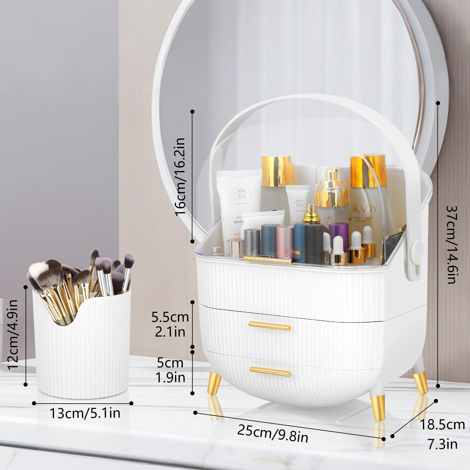 Romicta Organizzatore Cosmetici, Scatola per Makeup con 3 Cassetti e Porta Pennelli, Contenitore Trucco con Coperchio a Prova di Polvere e Acqua, Ideale per Tavolo da Trucco e Bagno (Bianco)