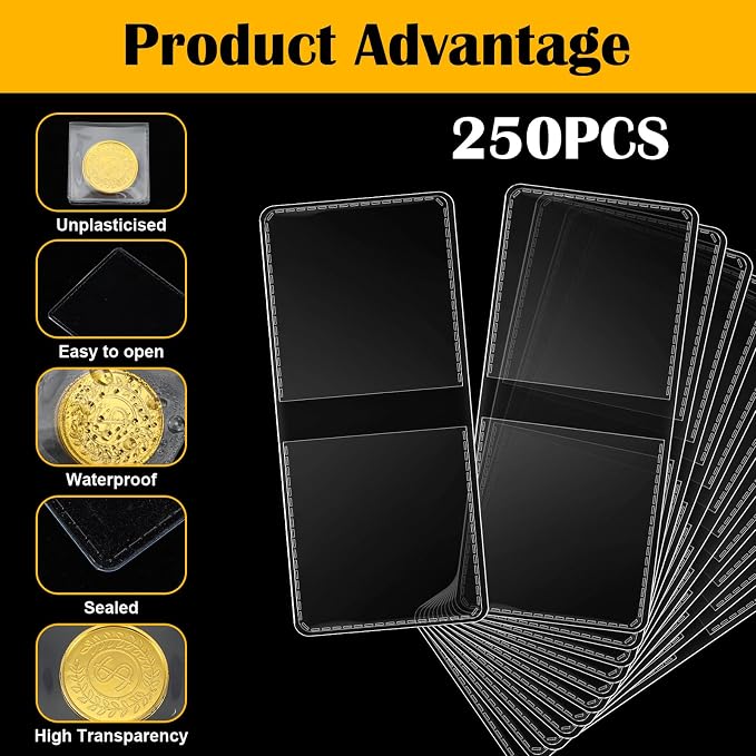250 unidades fundas moneda doble bolsillo 2x2 pulgadas miniatura 3