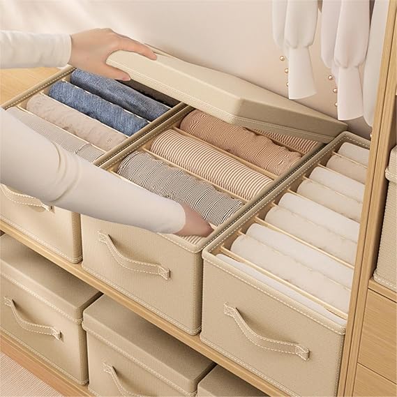 Wardrobe Clothes Organizer, Closet Organizers and Storage Large Size 9 Grids Closet Jean Storage Bins with Handles And Lid, Foldable Drawer Dividers for Sweater, Pants, T-shirt (9grids)