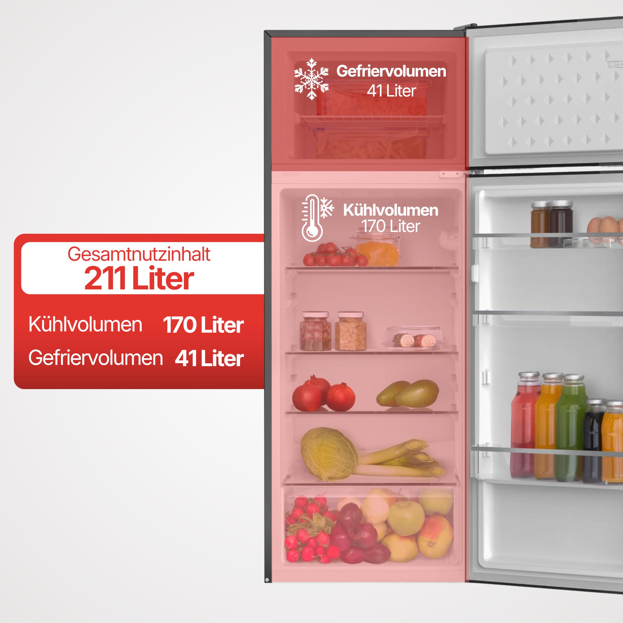 Amica Kühl-Gefrierkombination 211 L 144x54x55 cm DT 374 160 E | 170 L Kühlteil, 41 L Gefrierteil, FrostControl, Automatische Abtauung, LED Beleuchtung, Gemüseschublade
