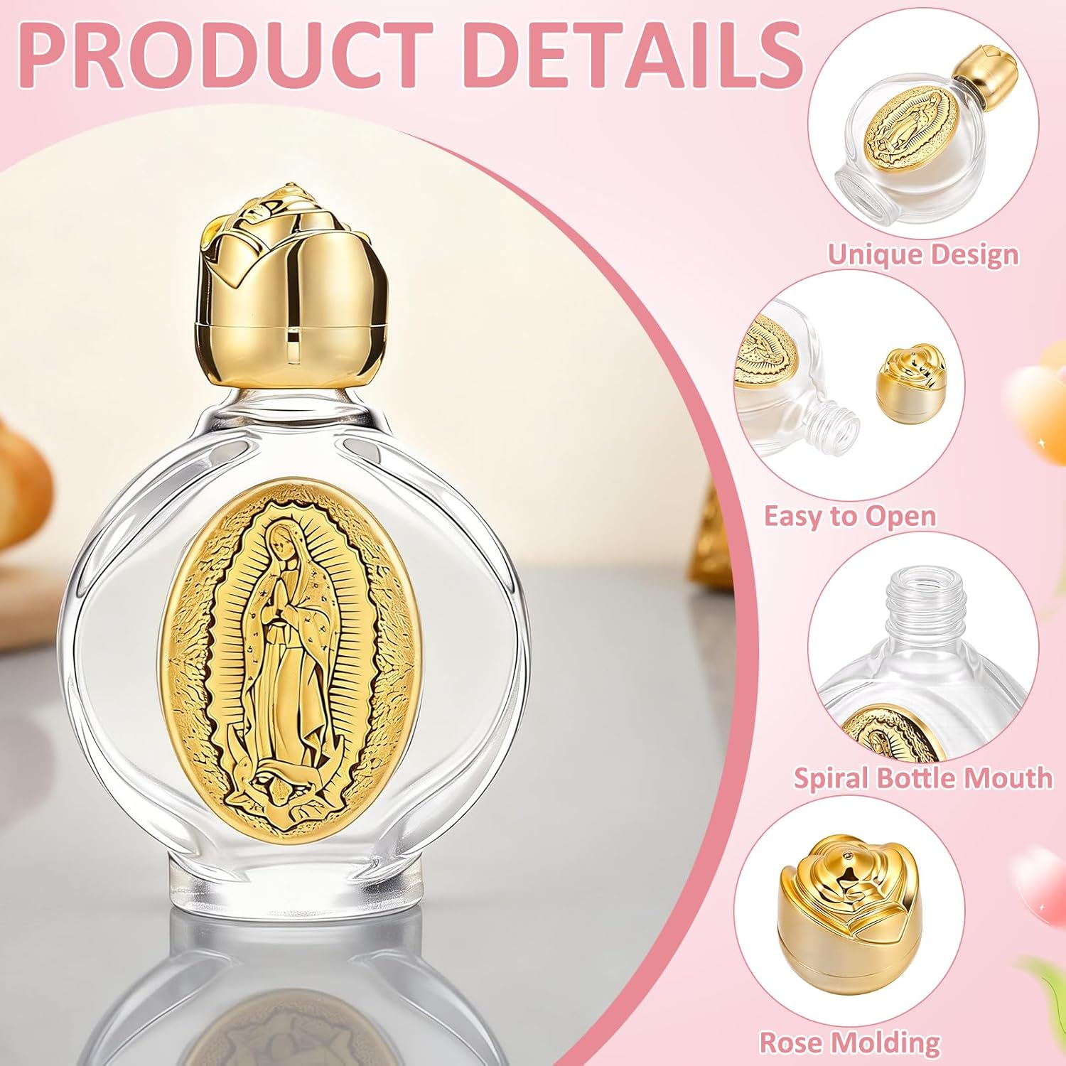 24 Sets Glass Holy Water Bottles, 0.5oz Small Embossed Travel Empty Bottles with Cap Holy Container with Tags and Gauze Bag for Spiritual Events Gift Baptisms Party(Golden)