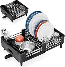 KINGRACK Dish Drainer, Dish Drainer, Extendable Dish Drainer with Removable Utensil Holder, Stainless Steel Dish Drainer with Swivel Drainage Spout, Black