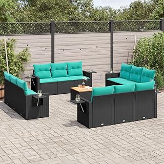 13 Piece Patio Furniture Set Black PE Rattan Modular Outdoor Sectional Sofa with Storage, Acacia Wood Table, UV-Resistant Cushions, 242.5 lb Seat for Backyard Balcony Terrace