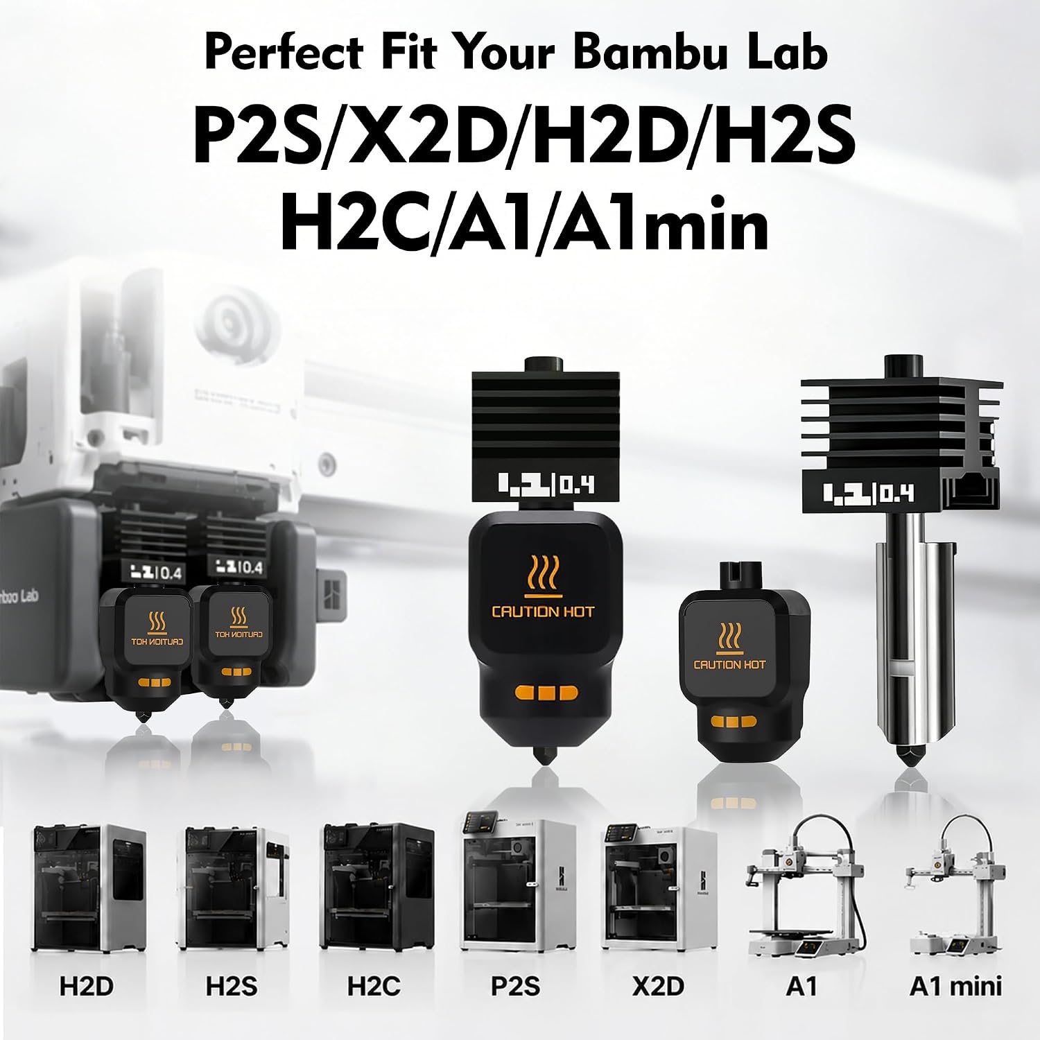 P2S Nozzle for Bambu Lab, 2PCS 0.4MM Hotend for H2D/H2S/P2S/H2C/X2D/A1/A1 Mini, Quick Swap High Temp Hardened Steel Hot End Replacement, 3D Printer Accessories with Silicone Sock