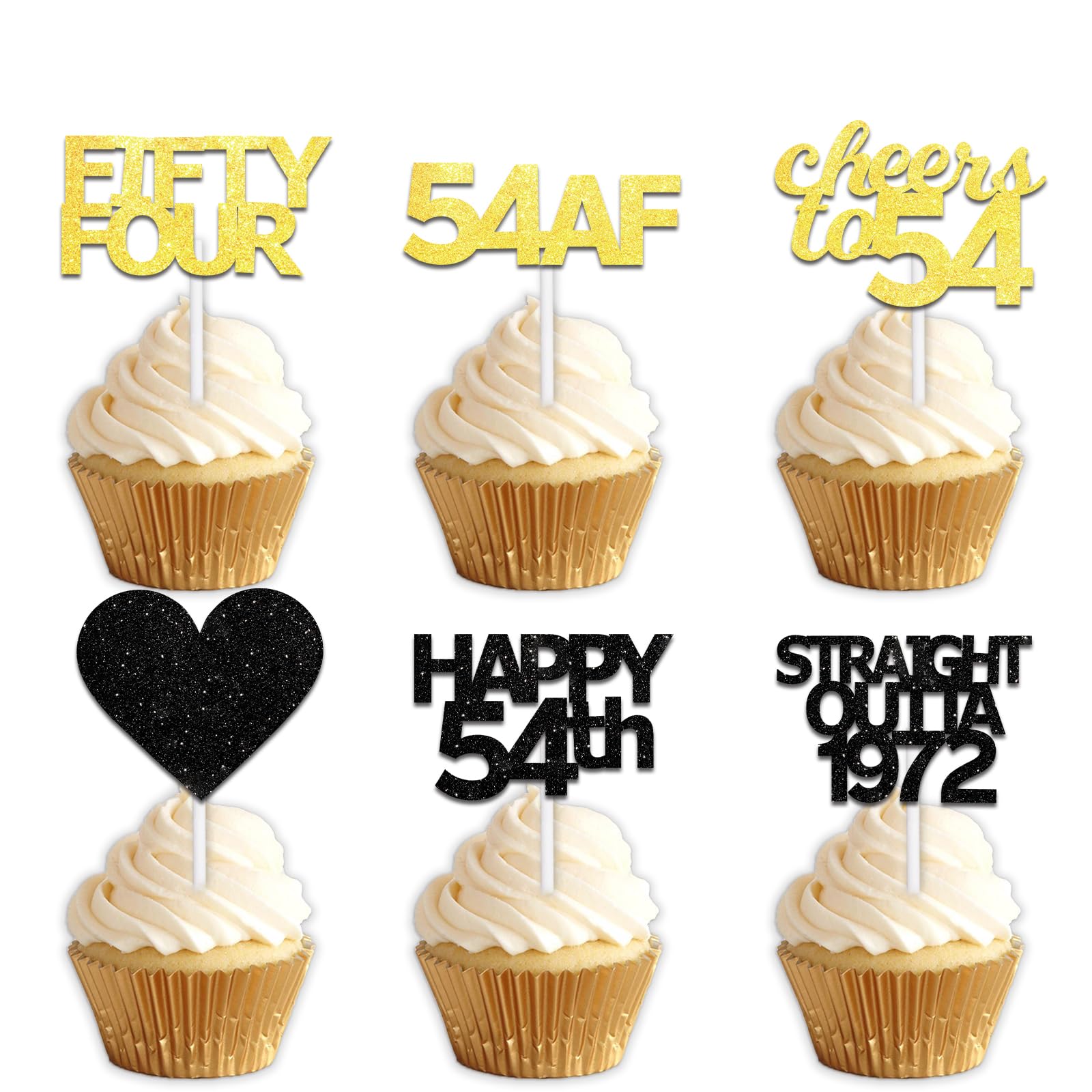 18pcs Black Gold Glitter Dessert Cupcake Pick for Straight Outta 1972 Cheer to 54 Years Old Theme Decor Supplies Happy 54th Birthday Party Decoratio