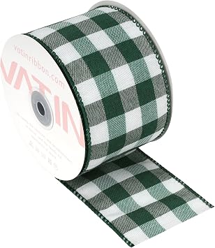 VATIN Forest Green White Gingham Check Ribbon, 2-1/2-Inch x 10 Yards, Rustic Christmas Decor, Ribbons for Crafts, Ribbon for Gift Wrapping