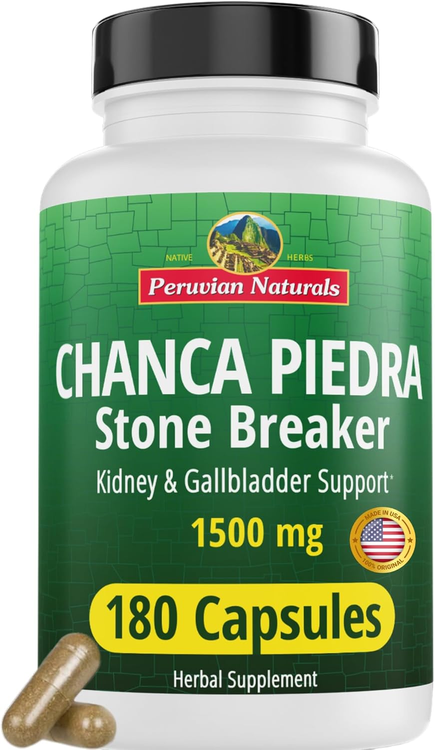 Peruvian Naturals Chanca Piedra Stone Breaker 180 Capsules - Kidney Stone Dissolver & Gallbladder - 1500mg per Serving - Chancapiedra Stonebreaker for Bladder Cleanse & Urinary Tract - Vegan, Non GMO