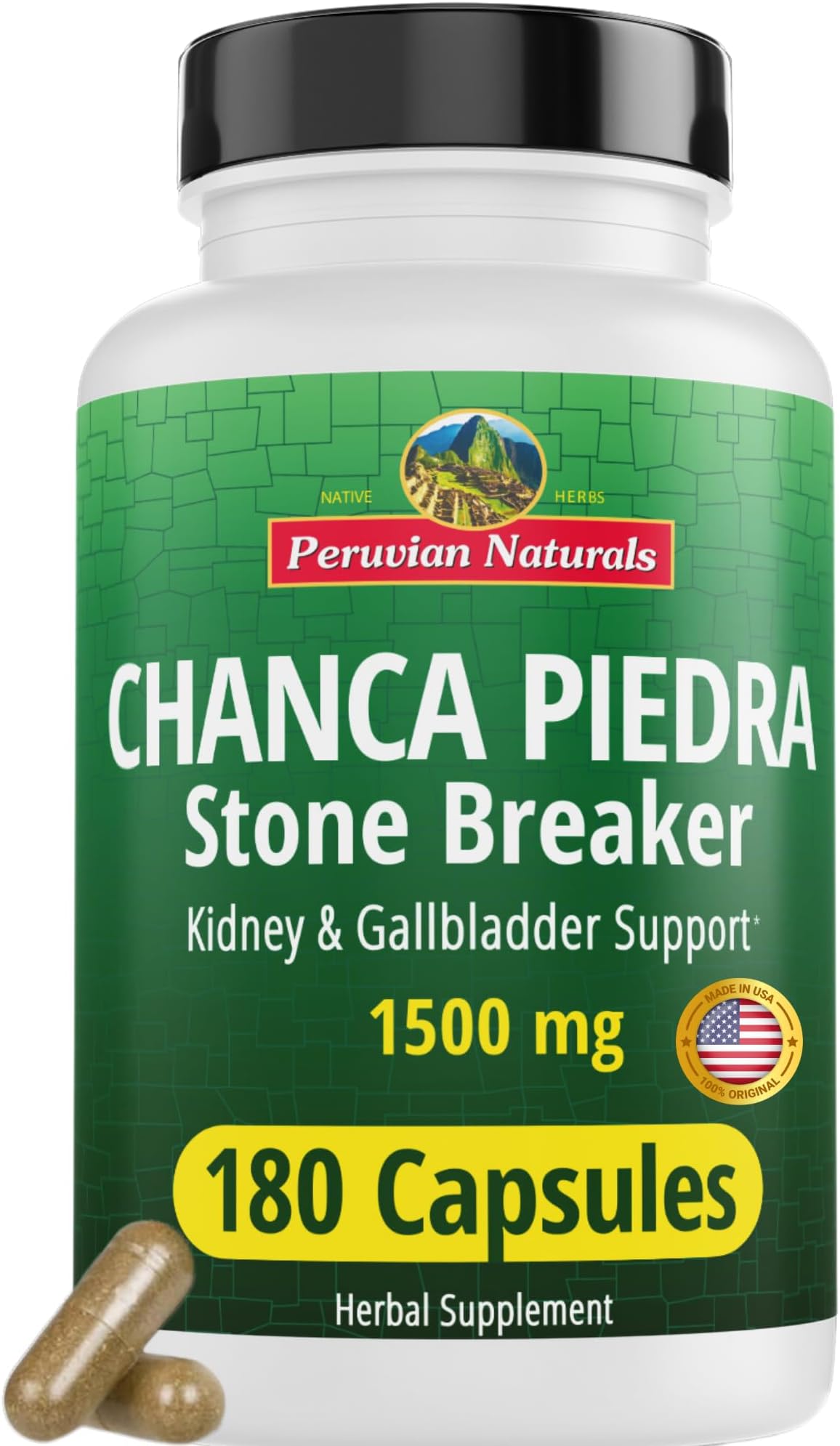 Peruvian Naturals Chanca Piedra Stone Breaker 180 Capsules - Kidney Stone Dissolver & Gallbladder - 1500mg per Serving - Chancapiedra Stonebreaker for Bladder Cleanse & Urinary Tract - Vegan, Non GMO