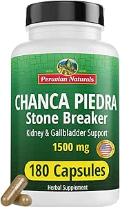 Peruvian Naturals Chanca Piedra Stone Breaker 180 Capsules - Kidney Stone Dissolver &amp; Gallbladder - 1500mg per Serving - Chancapiedra Stonebreaker for Bladder Cleanse &amp; Urinary Tract - Vegan, Non GMO