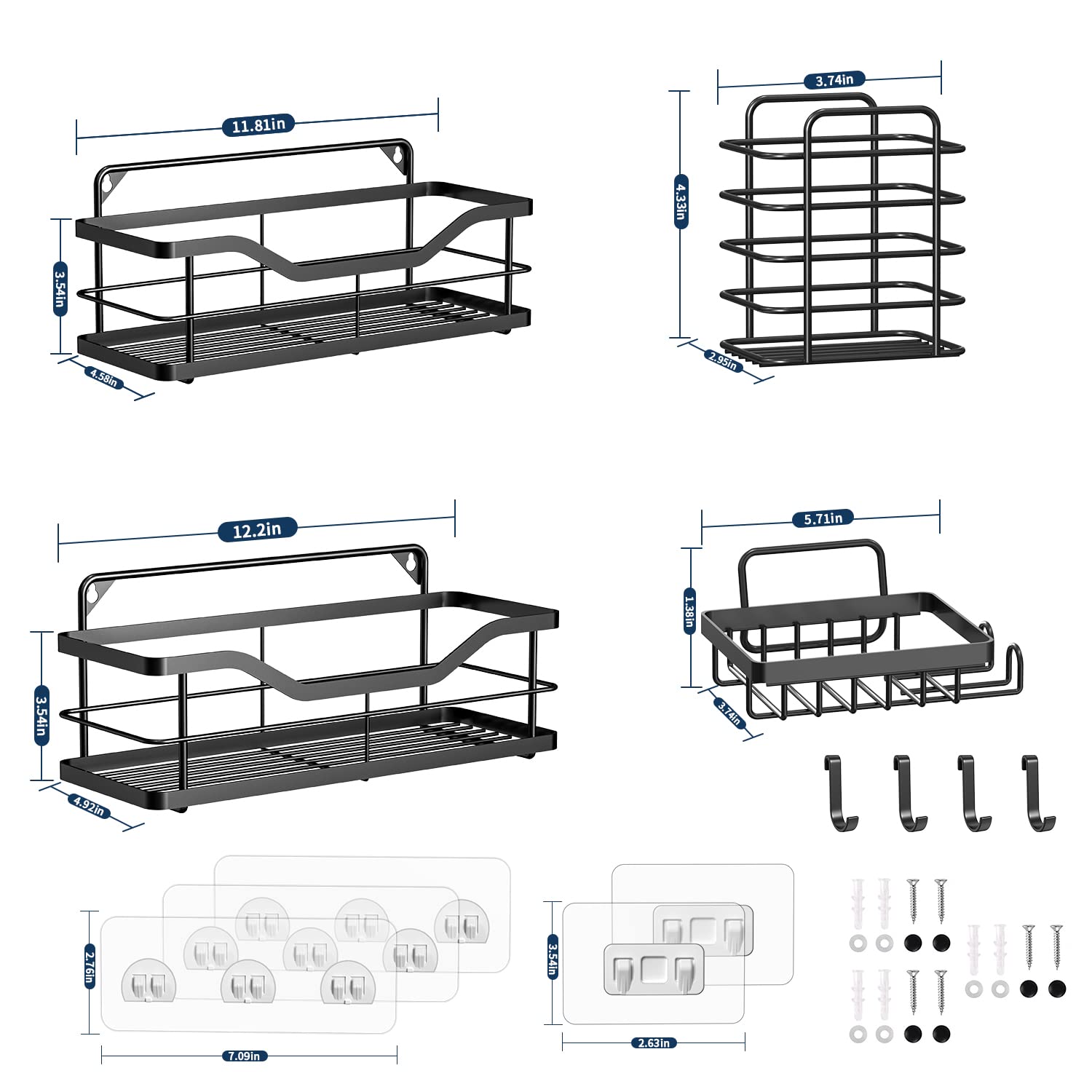 4 Pack Shower Caddy, Shower Organizer and Soap Holder Shower Shelves Toothbrush Holder with Adhesive Stainless Steel Bathroom Storage Rack with Hooks, Befoco Shower Shelf for Inside Shower Black