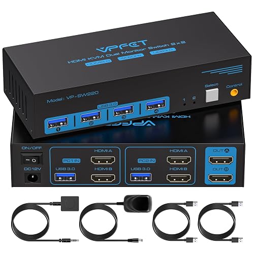 TIGKTING HDMI KVM Switch 2 Monitors 2 Computers 4K@60Hz Dual Monitor KVM Switches with 4 USB 3.0 Ports for 2 Computers Share 2 Screens and Keybord Mouse Printer, with Desktop Controller