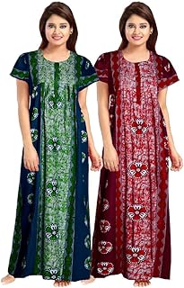 WiWi Women's Cotton Printed Nighty Night Gown Maxi Free Size (Pack of 2) Price In India