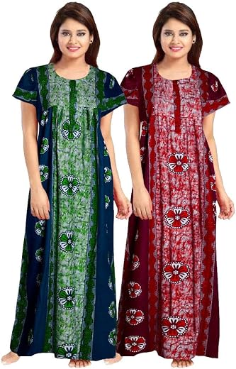 WiWi Women's Cotton Printed Nighty Night Gown Maxi Free Size (Pack of 2)