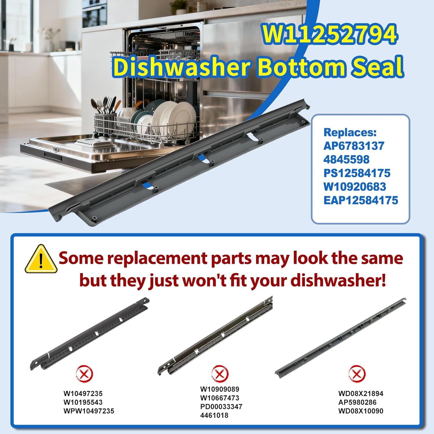 W11252794 Dishwasher Lower Door Seal Compatible With Whirlpool Maytag WDP540HAMB0 MDTS4224PZ0 66513355N020, W11252794 Seal Replace AP6783137 4845598 W10920683 PS12584175 EAP12584175