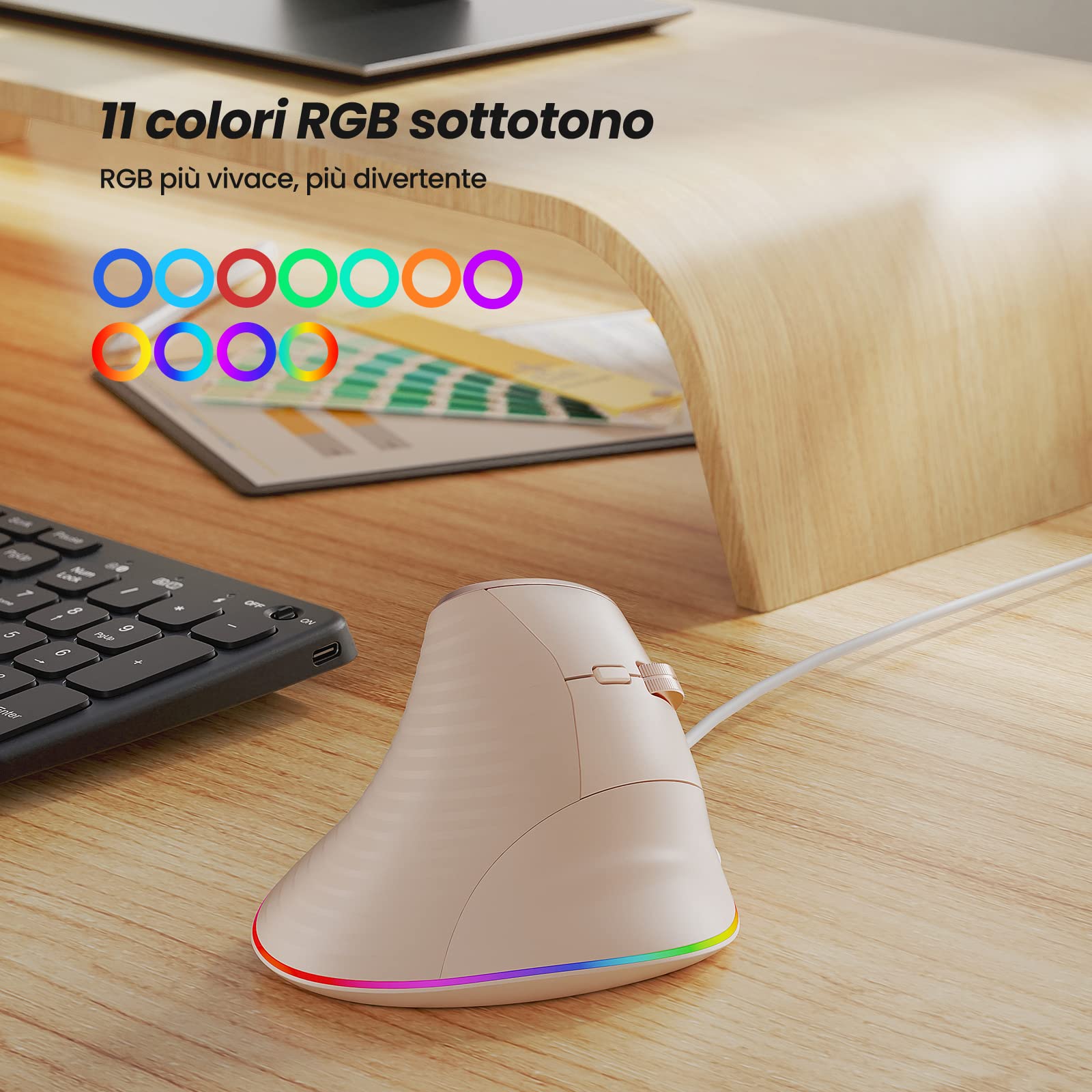 Nulea Mouse Verticale Cablato, Mouse Ottico Ergonomico USB Con 4 DPI Regolabili, 11 Modalità di Retroilluminazione RGB, Compatibile Con Laptop, PC, Desktop, Mac, Rosa