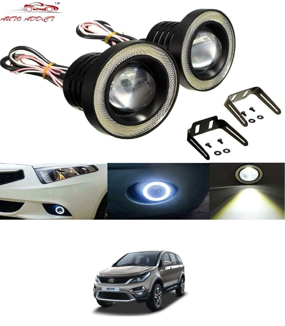 AUTOADDICT Car LED Fog Lights 3.5" High Power Led Projector Lamps Cob with White Angel Lights Eye Ring for Tata Hexa-image-40