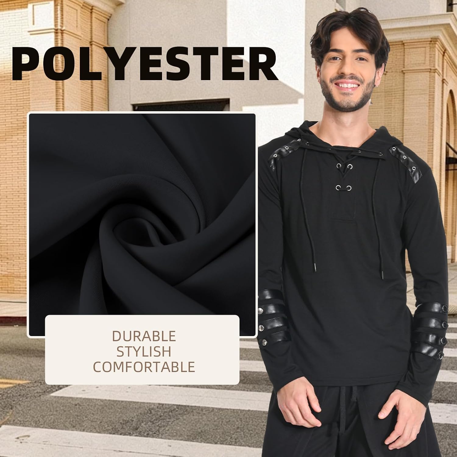 Coser Park Adults Medieval Gothic Steampunk Hoodie Shirt Mens Victorian Retro Lace Up Pullover Sweatshirt Long Sleeve
