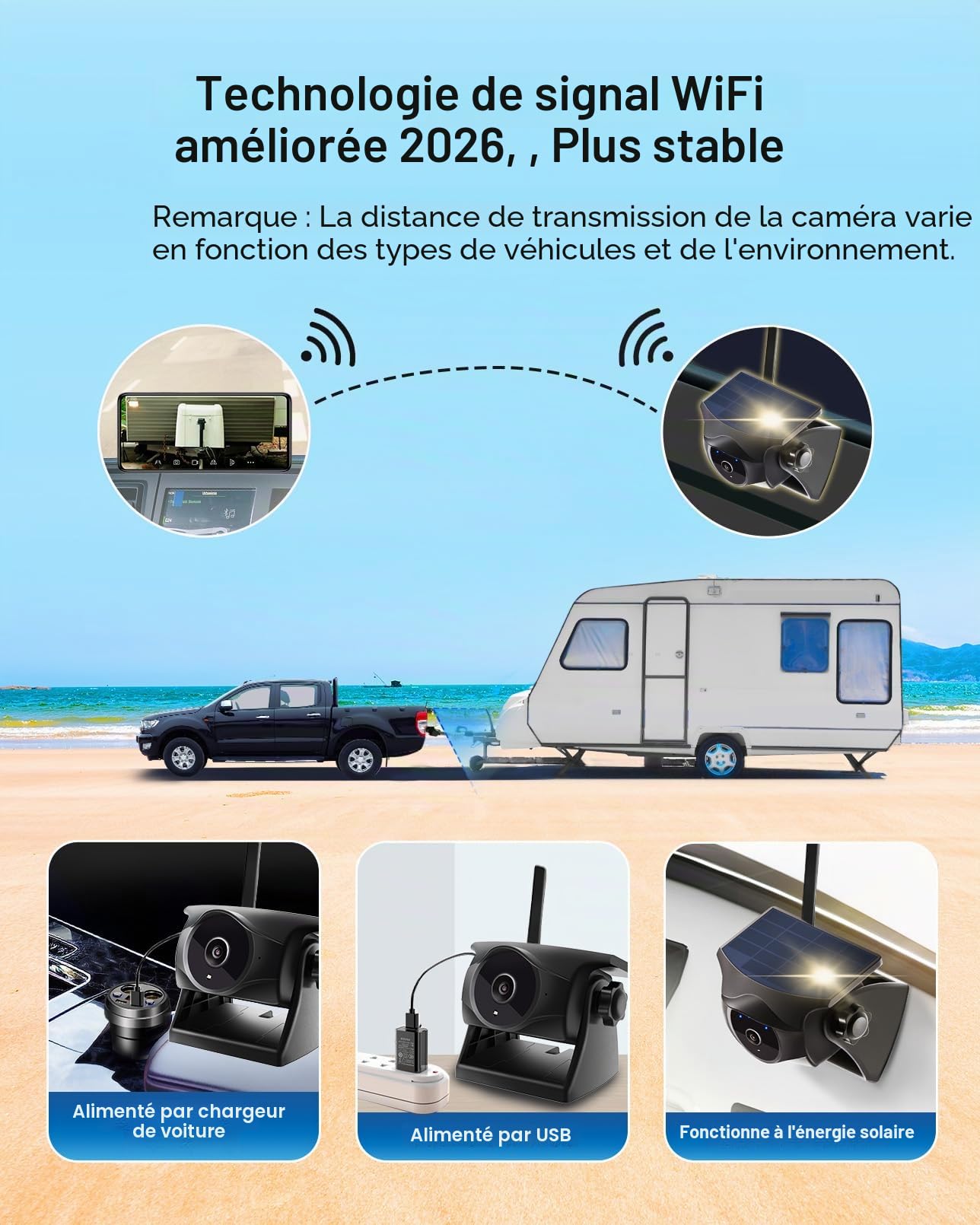 Caméra de recul solaire sans fil 1080p – Caméra arrière/avant magnétique avec vision nocturne, veille de 365 jours, étanche, batterie rechargeable pour remorque, camping-car, camion, voiture