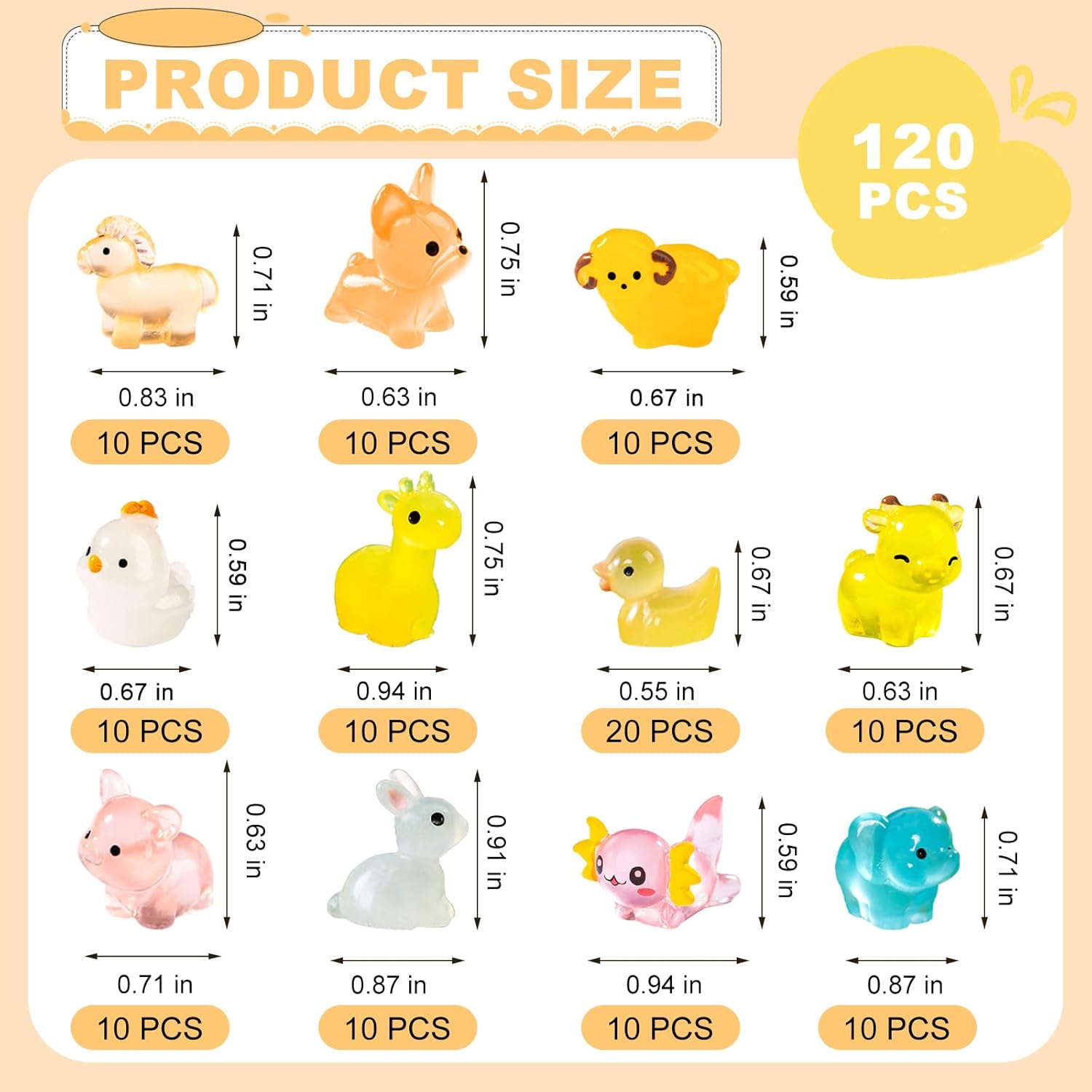 120pcs Various Luminous Mini Resin Animals Mini Ducks Cows Giraffes Tiny Hexagonal Dinosaur Figurines Glow in The Dark Garden Accessories Aquarium Micro Landscape Bonsai Dollhouse Decor