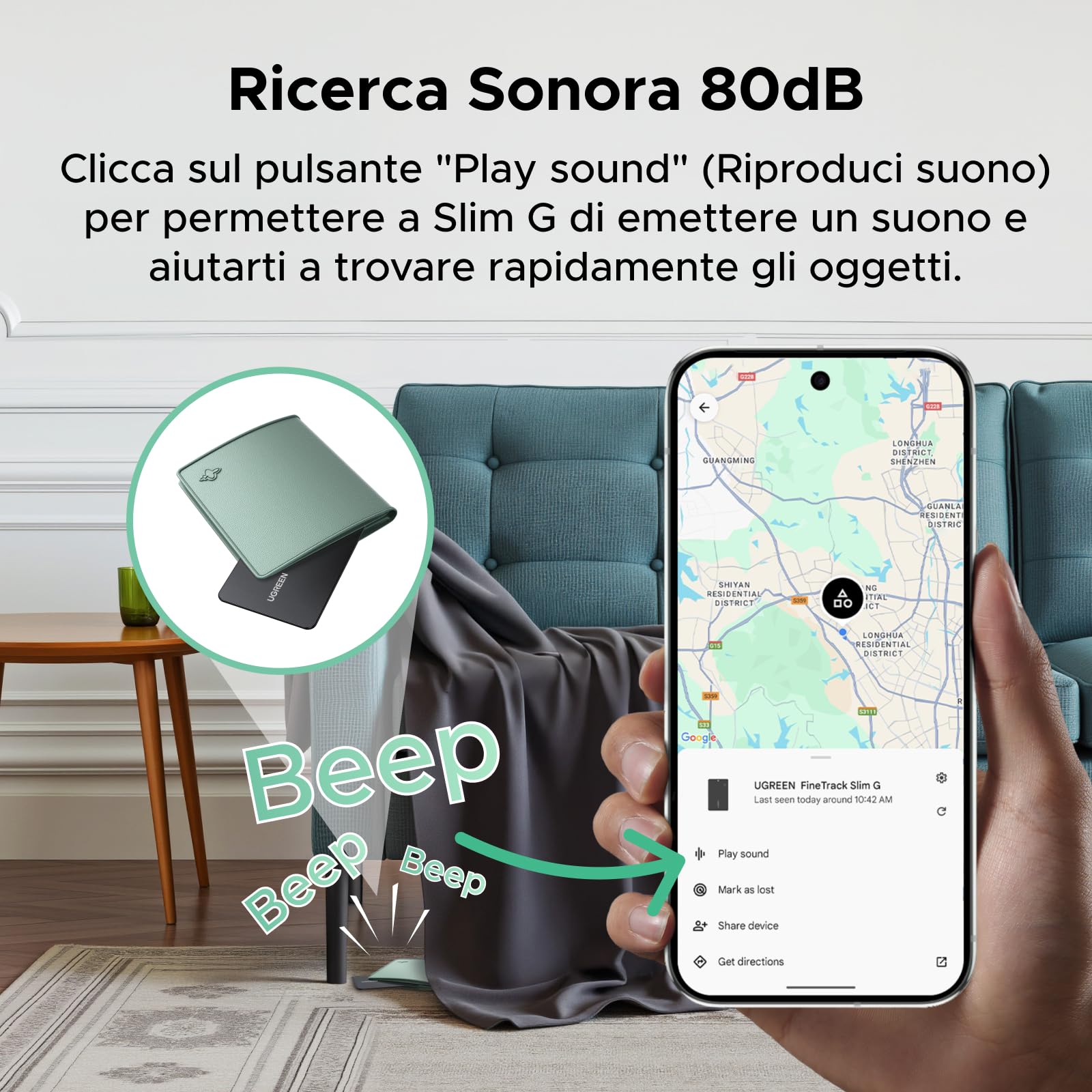 UGREEN FineTrack Slim G Smart Finder Solo Android 5 Anni Batteria Localizzatore Ultra Sottile 1.7mm Impermeabile IP68 Tracker Compatibile con Google Find Hub per Portafoglio Chiavi Bagaglio Valigia