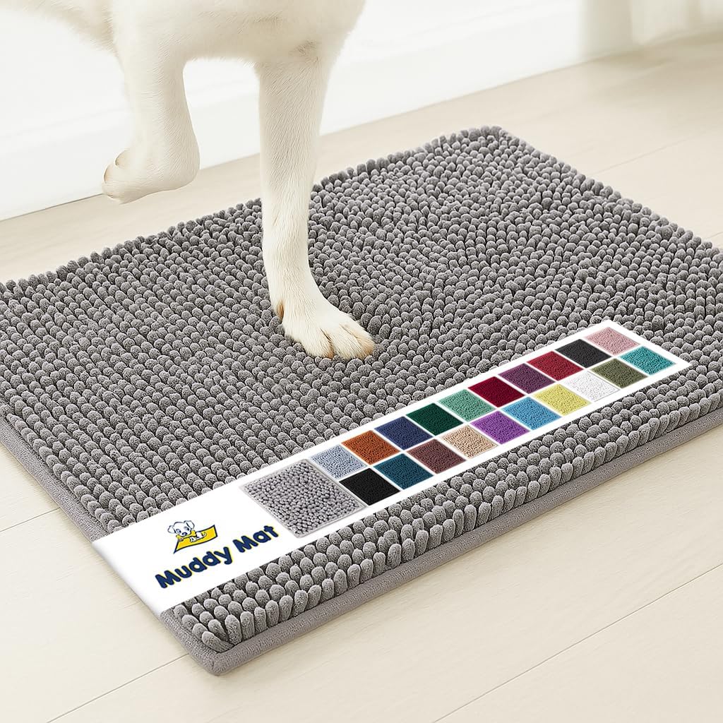 – Muddy Mat AS-SEEN-ON-TV Highly Absorbent Microfiber Door Mat and Pet Rug, Non Slip Thick Washable Area and Bath Mat Soft Chenille for Kitchen Bathroom Bedroom Indoor and Outdoor - Grey Medium 30"X19"