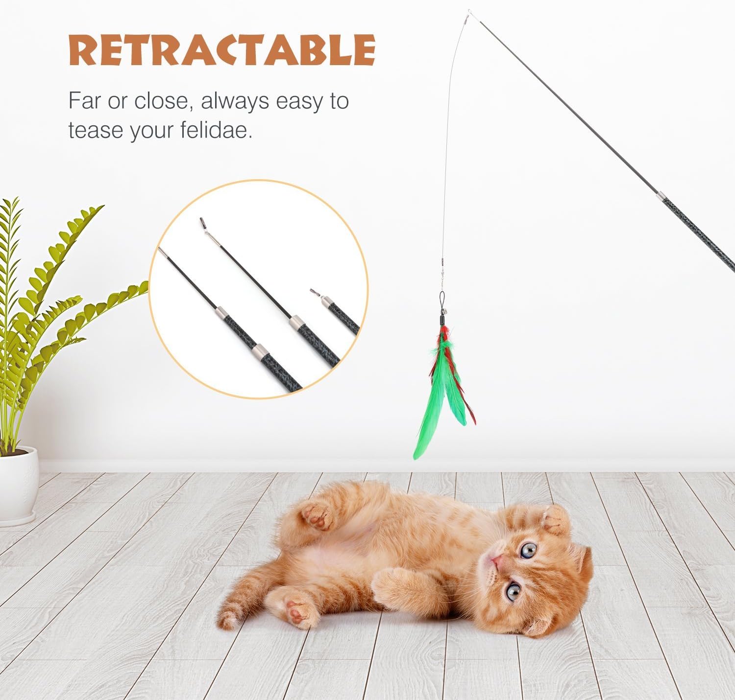 Pawaboo Feather Teaser Cat Toy, 7PCS Interactive Retractable Interchangeable Feather Wand Flying Feather Cat Catcher with Extra Long 38.6" Wand and Small Bells, Fun Cat Playing Toy, Colorful Stripes