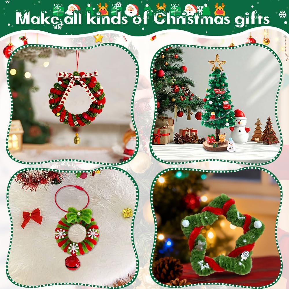 Celltestria 160Pcs Christmas Pipe Cleaner Craft Set DIY Tree Craft Kits Mini Xmas Tree with Light Christmas Tree Ornaments for DIY Christmas Craft Home Decorations