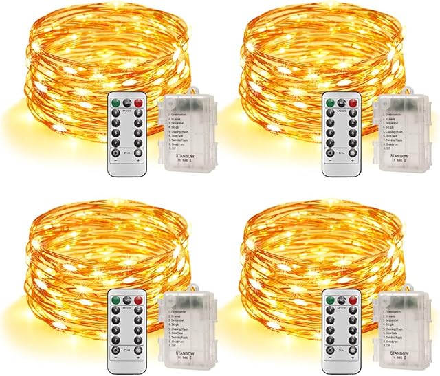 STANBOW LED Fairy Lights Battery Powered, 16ft IP65 Waterproof Copper Wire String Lights, Remote Control, 8 Lighting Modes, Outdoor Garden Light for Fence Patio Gazebo Pergola Wedding Party 4 Pack