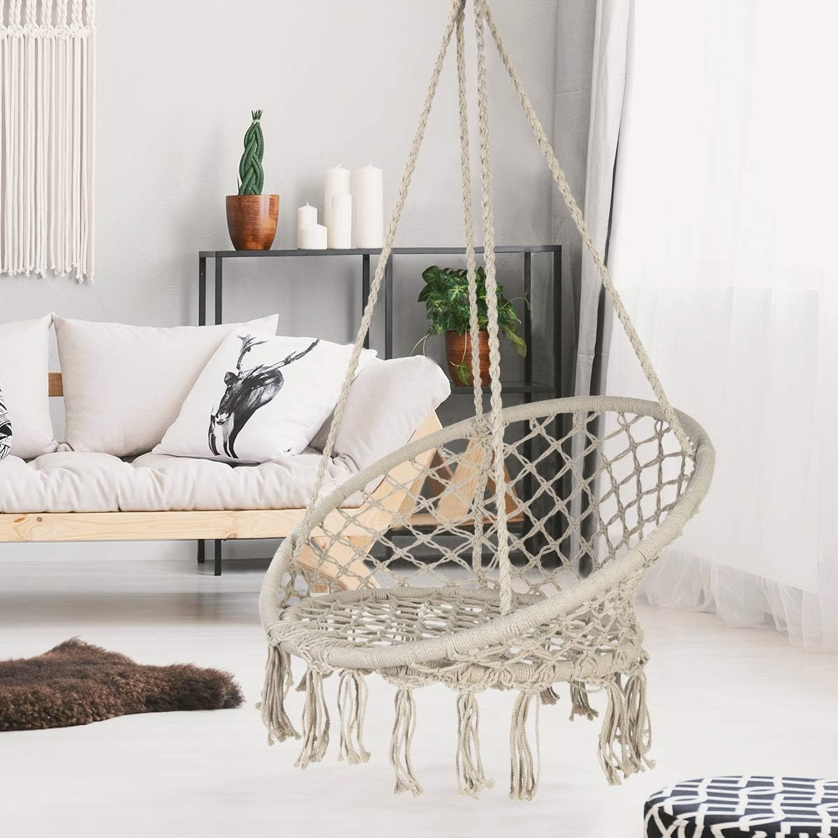 AsterOutdoor Macrame Hammock Chair Hanging Cotton Rope Swing for Indoor or Outdoor Use, Beige