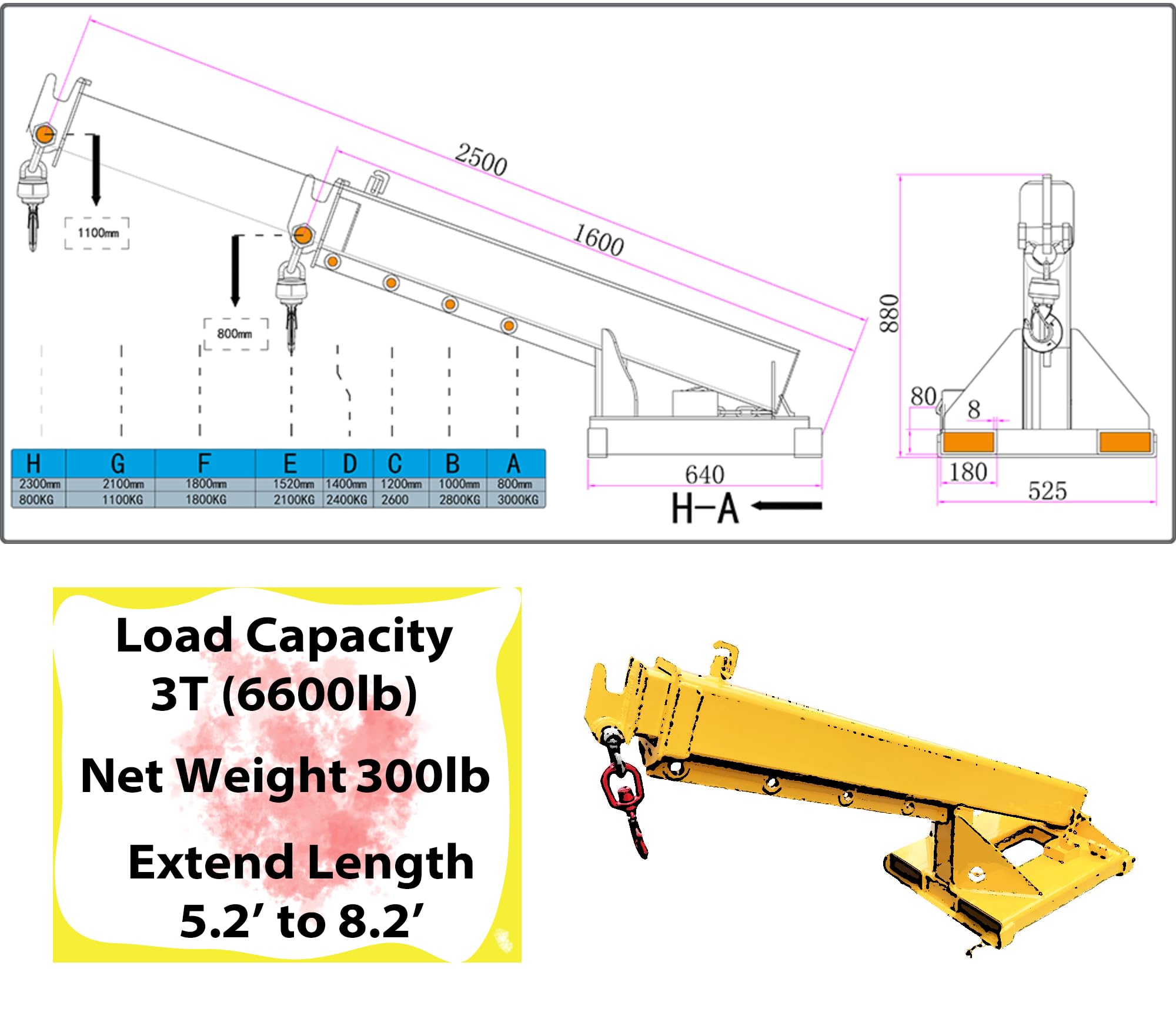 IntXanth Telescopic Forklift Jib Boom, Lifting Boom for Forklift, Adjustable Forklift Mounted Jib Boom, Extend Up to 8.2', Lift Capacity to 3T (6600lbs), Forklift Crane Attachment