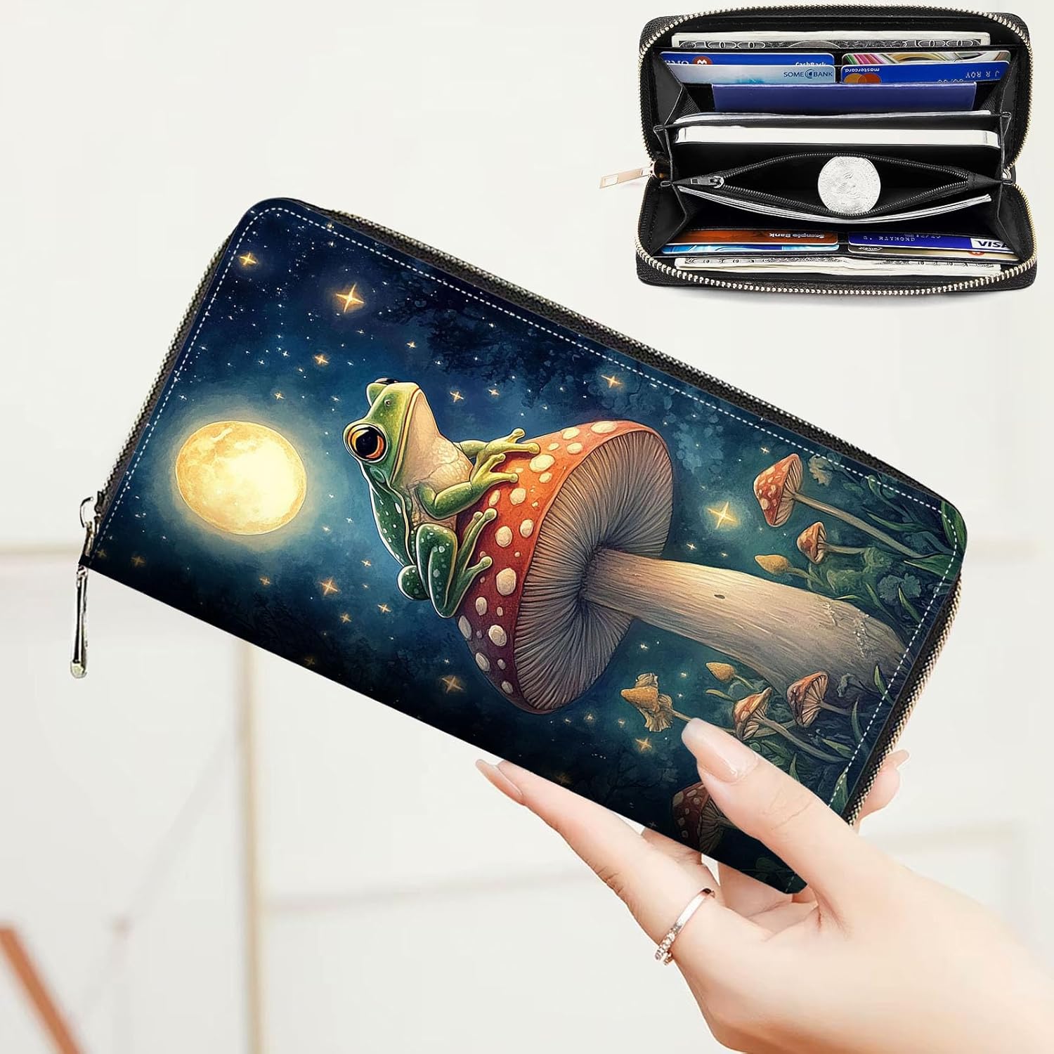Leather Wallet for Women,Large Capacity RFID Blocking Clutch,Zip Around Purse with 42 Card Slots,Bill Compartments Coin Pocket-Mushroom Frog Design - Image 4