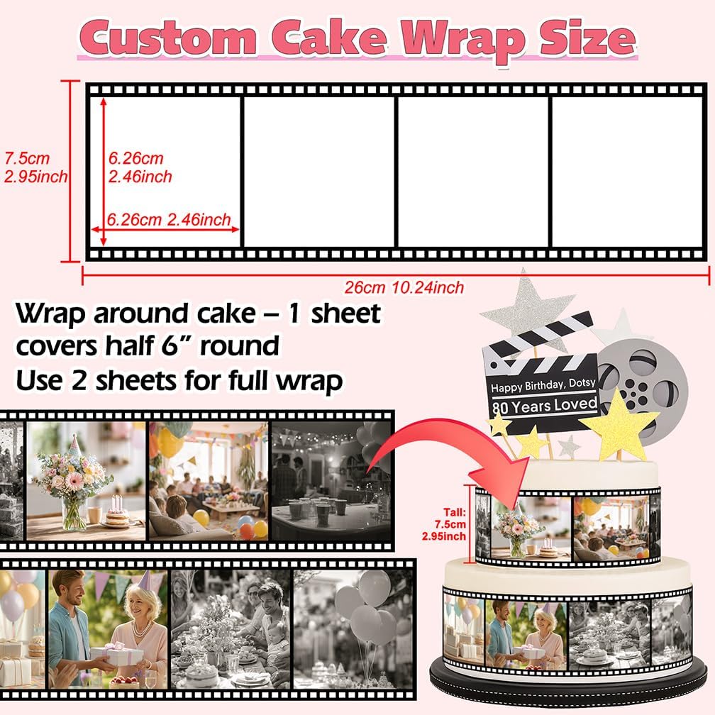 Custom Edible Cake Wrap Topper – 4 Photos (1:1), Film Strip Border, 10.2in L × 3in H