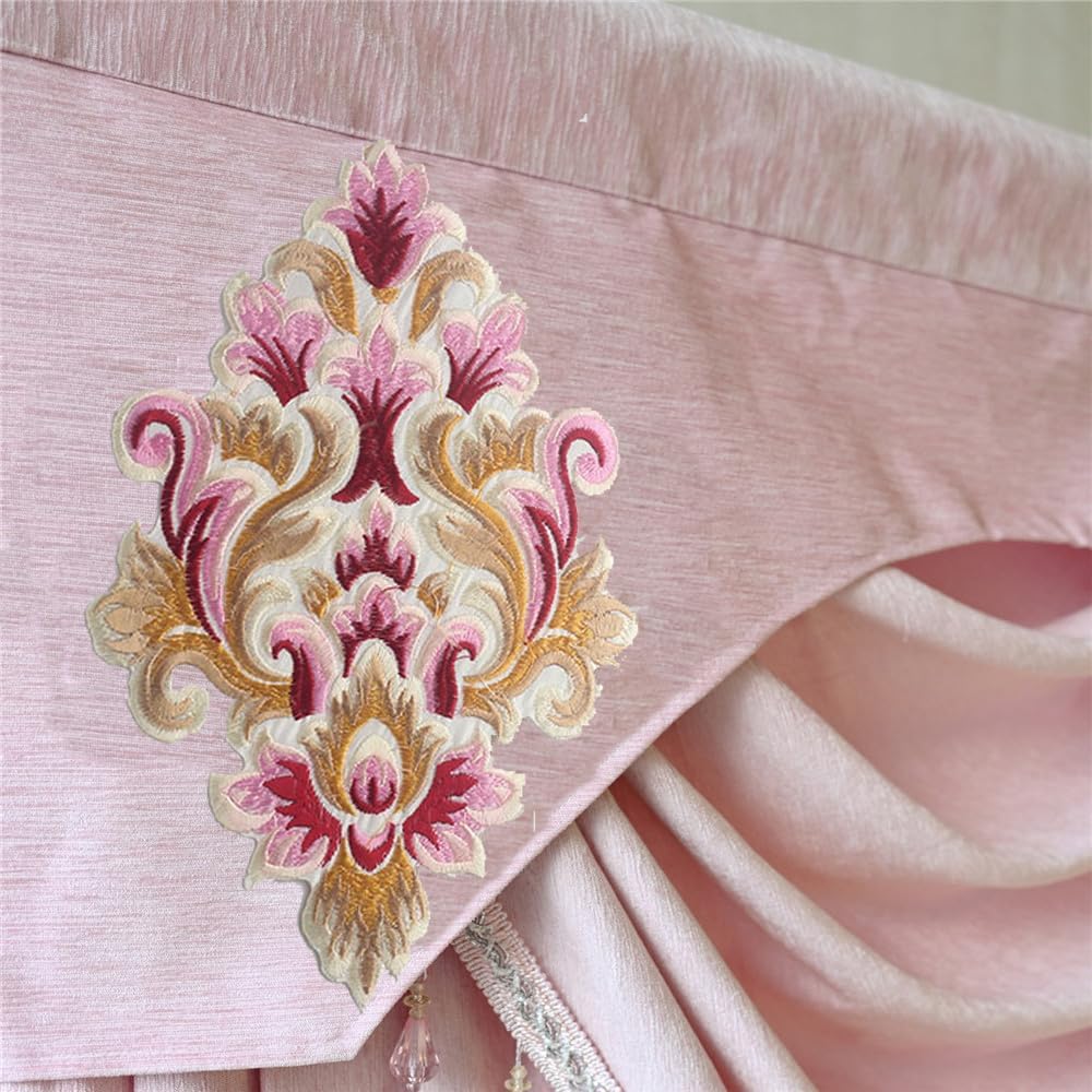 1 Panel W39 Inches Pink Curtain Valance European Princess Style Waterfall Valance Luxury Embroidery Curtain Valance for Windows Elegant Swag Valance with Beads for Living Room Rod Pocket Top
