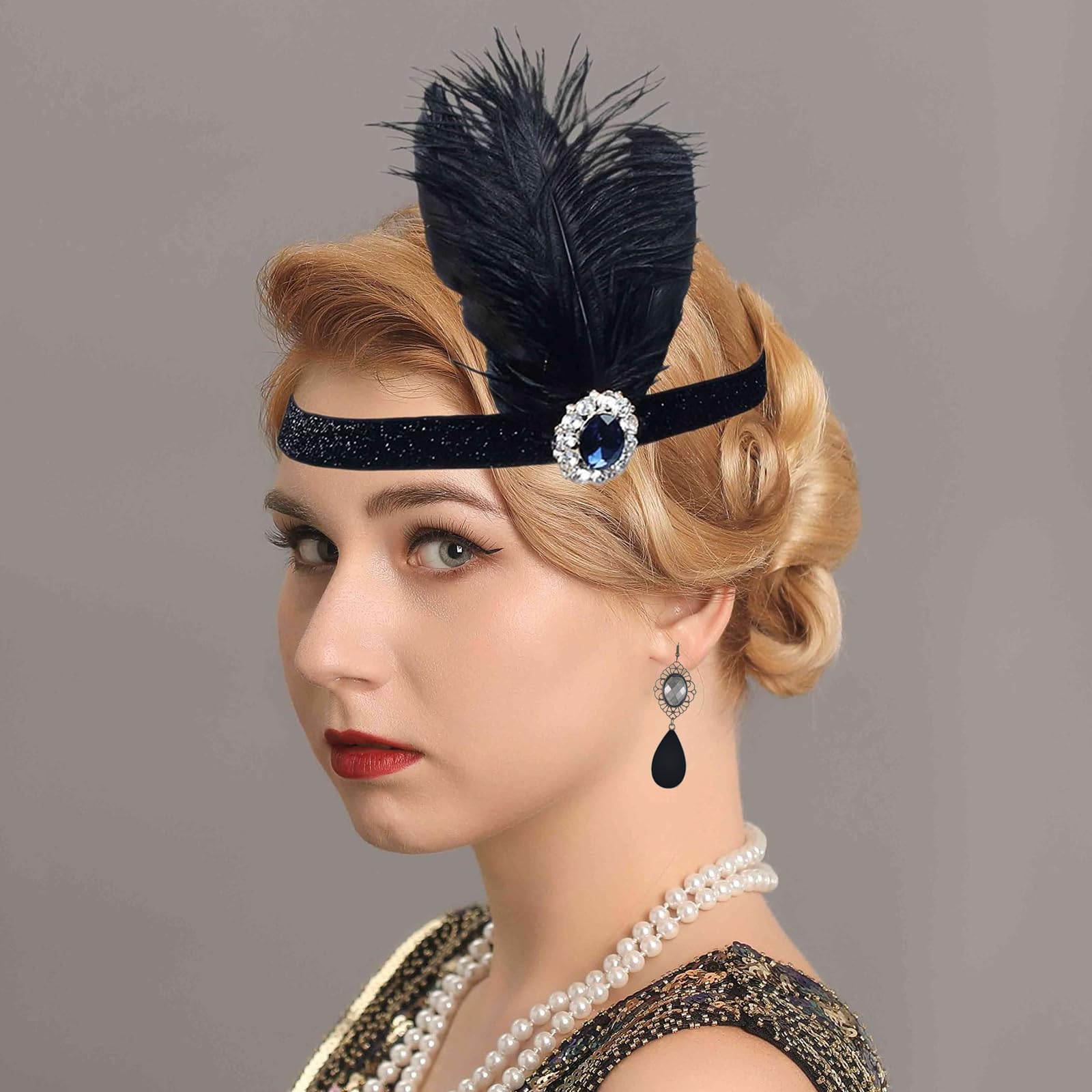 GIEEU 7 Pieces 1920 Accessories Set,Great Gatsby Accessories for Women,20s Party Costume Headband,Black Long Gloves - Image 2