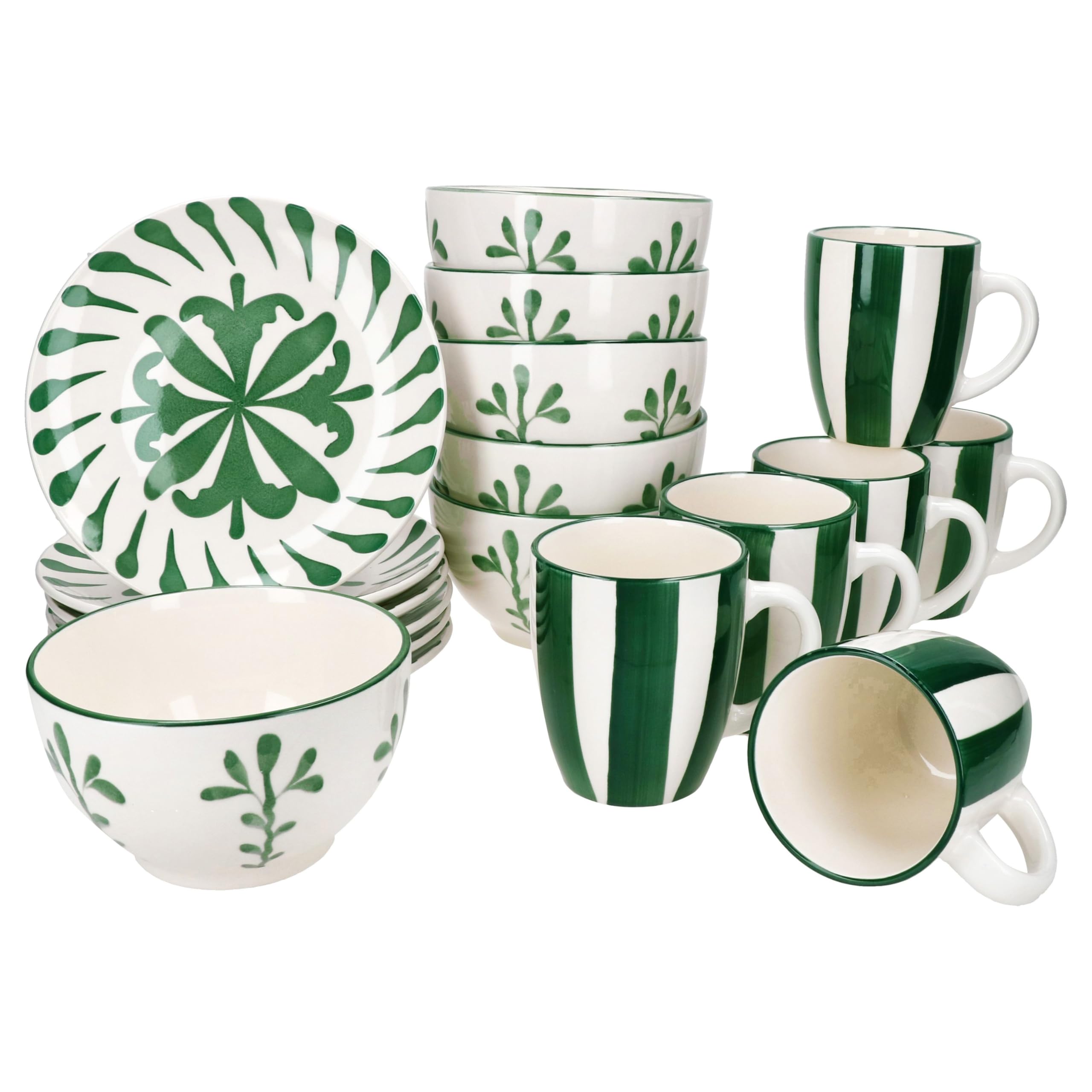 MamboCat Wald Green Service de petit-déjeuner 18 pièces I 6 petites assiettes à petit-déjeuner, bol à céréales et tasses à café pour 6 personnes avec branches et rayures I Noël