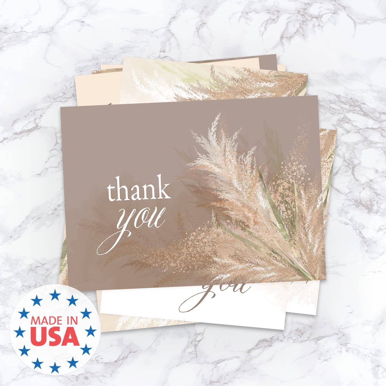 Canopy Street Pampas Grass Thank You Card Pack / 24 Wedding Engagement Boho Thanks Cards With White Envelopes / 6 Feather Floral Designs / 3 1/2" x 4 7/8" Folded Note Card Set/Made In The USA