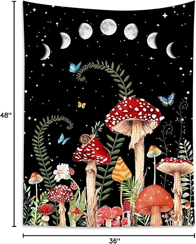 Miniatura 9 de HVEST Tapiz de hongos para colgar en la pared, tapiz bohemio de plantas y mariposas, noche con fase lunar y estrella, decoración de pared para