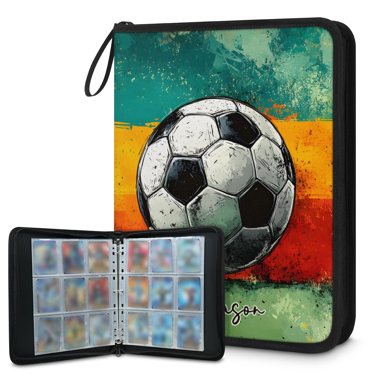 Top-Loaders-for-Cards Sammelkarten-Alben, benutzerdefinierter Tresorbuch, 9 Taschen, Sport-Karten-Binder als Geschenk für Damen, Herren, Kinder, Mädchen, Jungen, schwarzer Fußball