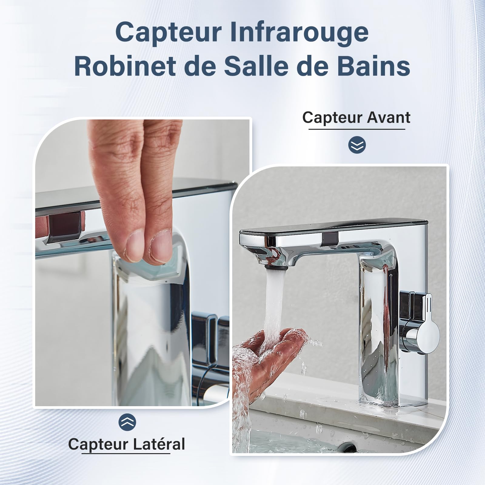 Robinet Automatique Sans Contact pour Salle de Bain en Laiton Alimenté par Piles Activé par le Mouvement Mains Libres avec Boîtier de Contrôle Chrome