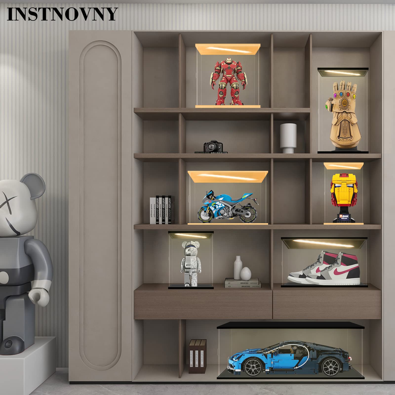 Vitrine en acrylique transparent pour objets de collection, figurines d'action, poupées, trophées, trophées Gundam, boîte de rangement anti-poussière (noir et jaune uni, 35,1 x 24,9 x 55,1