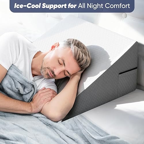 Miniatura 4 de Almohada de cuña de cama de 12 pulgadas para adultos mayores, almohada inclinada de espuma viscoelástica refrescante para dormir, leer y descansar,