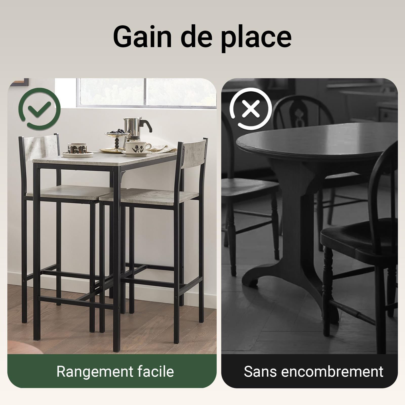 SoBuy OGT03-HG Ensemble Table Haute de Cuisine 87 cm avec 2 tabourets de Bar – Meuble Bar Compact Style Industriel Bois et Métal