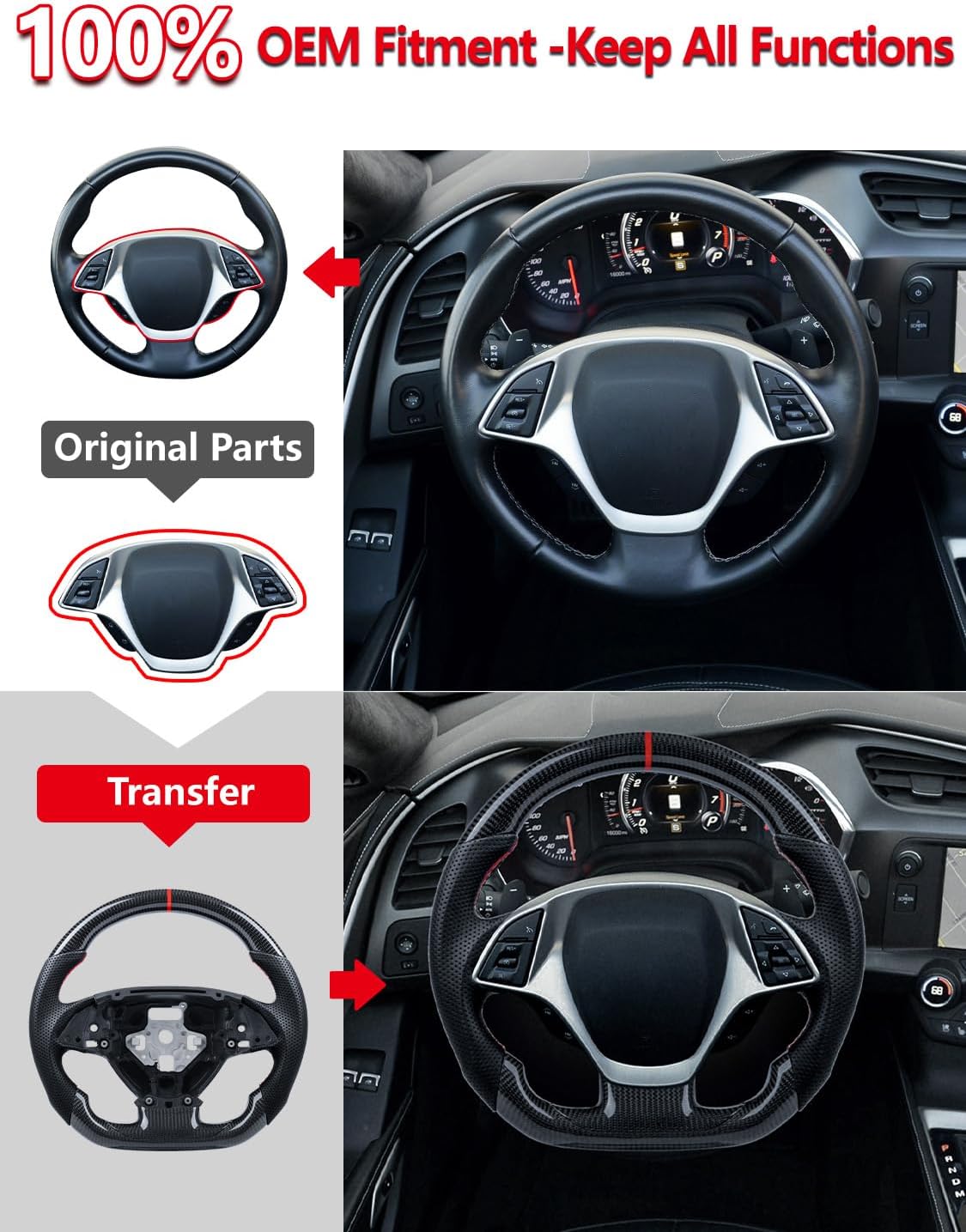 Real Carbon Fiber Steering Wheel for Chevy Corvette C7 2014-2019 Stingray Z06 Grand Sport ZR1 Z51, Flat Bottom D-Shape Red Stripe Perforated Leather, Customized Interior Upgrade Direct Replacement