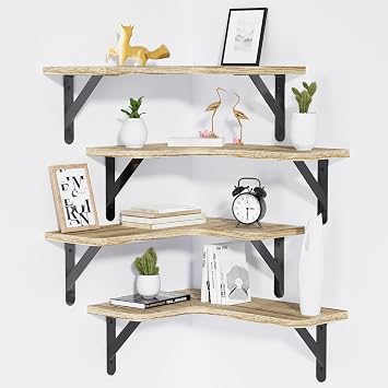 Viymgit Set of 4 L-Shaped Wooden Corner Floating Shelves, Light Brown