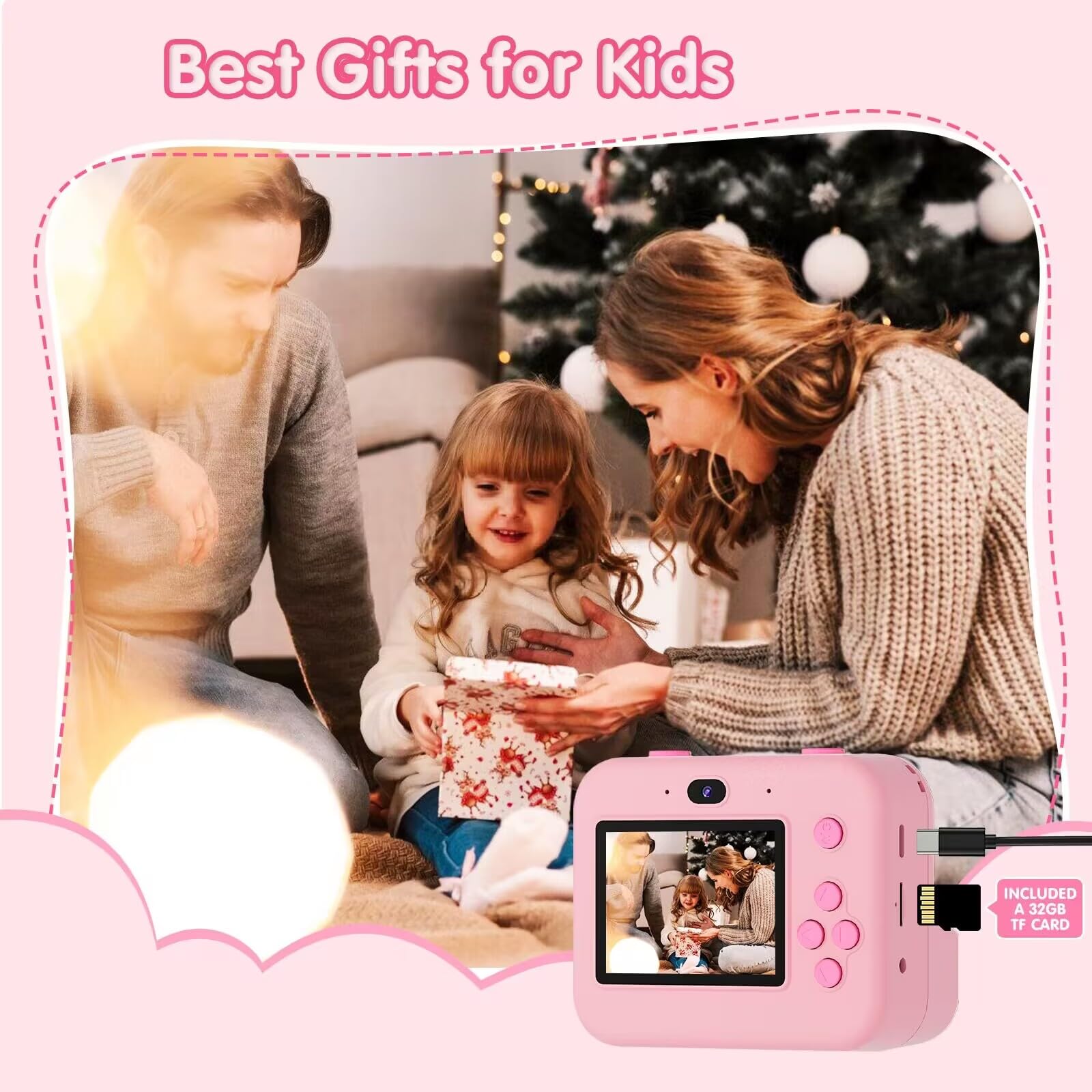 Camara Fotos Infantil instantaneas,Selfi Camara instanea,1080P 2,4''HD Video Camara Fotos Infantil para niños con Tarjeta SD de 32GB,Regalos de Juguete para niñas de 3 a 12 años Cumpleaños Navidad