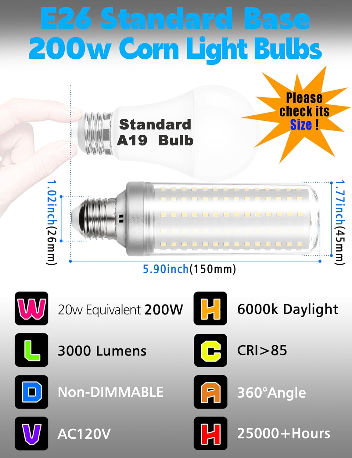 Big Size: 1.77x 5.90inches E26/E27 200W Equivalent LED Corn Light Bulb, 20W 3000LM Non Dimmable 6000K White, Bright E26 Base LED Bulb for Candelabra Ceiling Fan Home Garage Warehouse Indoor,1 Pack