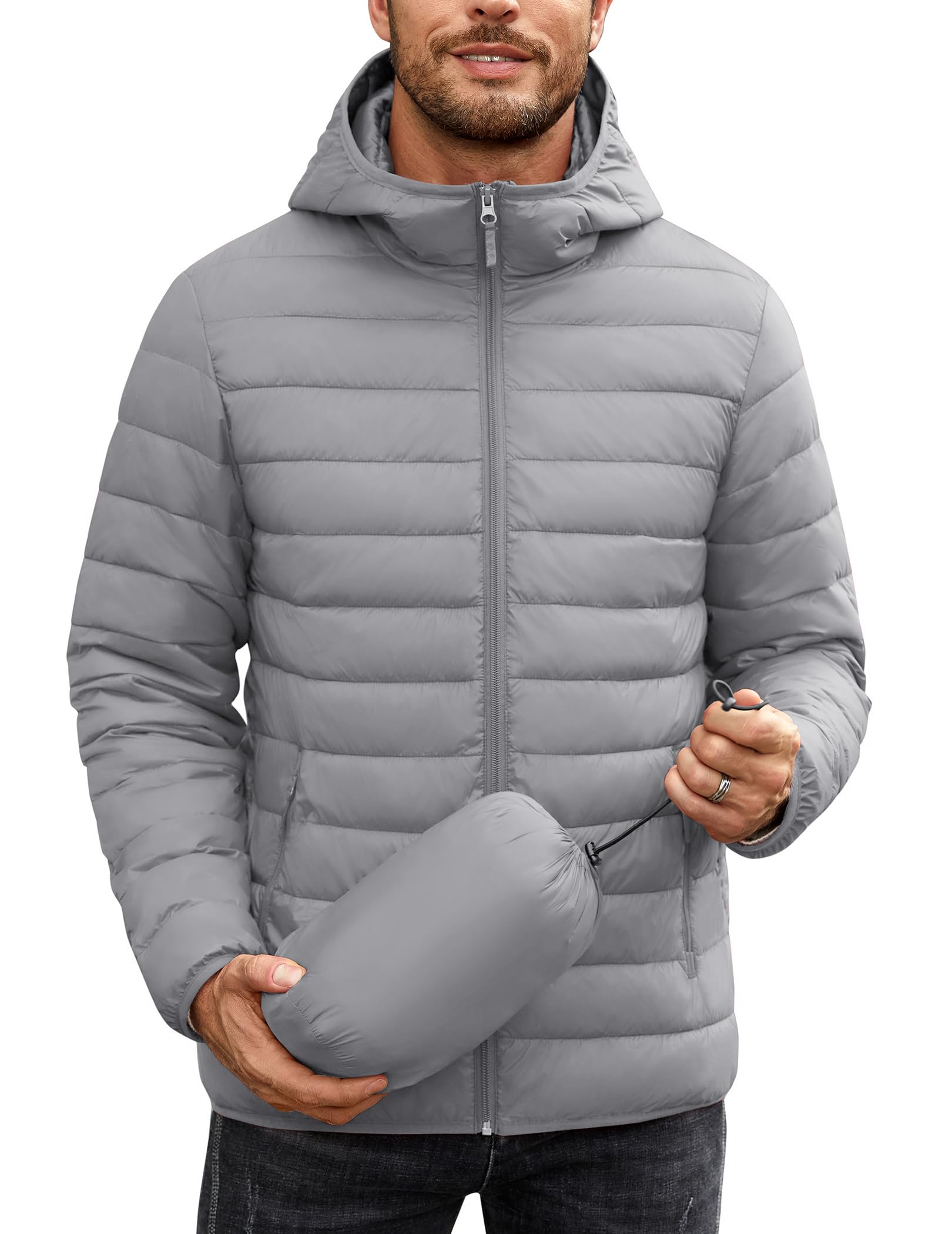 COOFANDY Mens Packable Puffer Jacket Lightweight Hooded Insulated Winter Coat Windproof Zipper Down Jacket